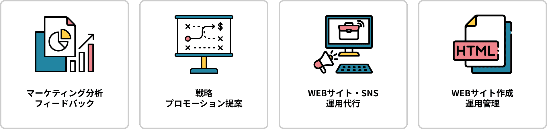 tsukamuの主なサービス：マーケティング分析、戦略提案、WEBサイト・SNS運用代行、WEBサイト作成のサービス紹介イメージ