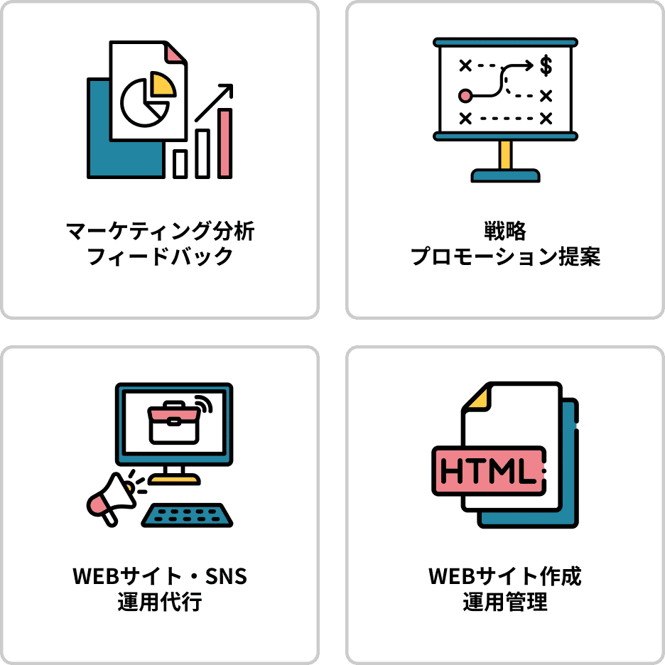 tsukamuの主なサービス：マーケティング分析、戦略提案、WEBサイト・SNS運用代行、WEBサイト作成のサービス紹介イメージ
